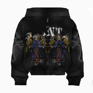 Sweat-shirt à capuche personnalisé en streetwear, broderie lourde, effet délavé au soleil, fermeture éclair, lavage à l'acide, strass, coupe ample, délavé, pour hommes - Product Image 1