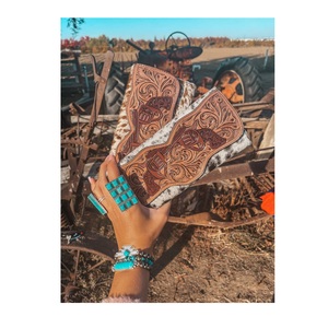 Portefeuille et pochette en cuir véritable tendance 2025 pour femmes, fermeture éclair à pompon, style western vintage bohème - Product Image 1