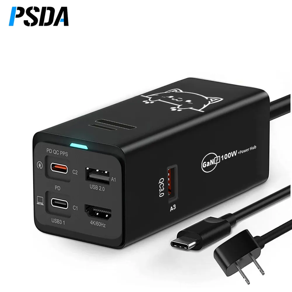 PSDA PD3.1 100W GaN Pro Cargador de escritorio Tira de alimentación Estación de carga Cargador rápido para iPhone 14 Pro Max Xiaomi Samsung Laptop