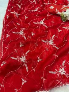 Saree exclusif au look de créateur avec chemisier sari élégant, élégant, fantaisie, ethnique, dernière boutique indienne à la mode, tenue de fête, saree rouge - Product Image 5