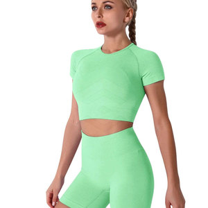 Ensemble de yoga personnalisé de haute qualité pour femmes, vêtements de fitness serrés et respirants avec logo à l'avant, motif solide, grande taille, portable - Product Image 5
