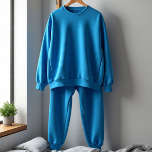Survêtement unisexe bleu uni, col rond, manches longues, coupe ample, décontracté, pour l'automne, 100% coton, poids moyen, taille élastique - Product Image 1