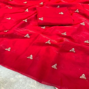 Sari Fendy para Mujer, Satén de Doble Tono, Hermoso Trabajo de Lentejuelas Zari y Flores Butti, Blusa de Contraste para Adultos - Product Image 1