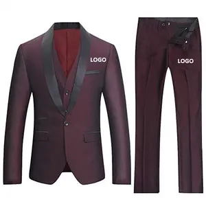 Celana mantel Blazer gaun Formal pria kustom pakaian pria tuksedo warna Maroon setelan 3 buah Set OEM diskon besar setelan kantor anak laki-laki