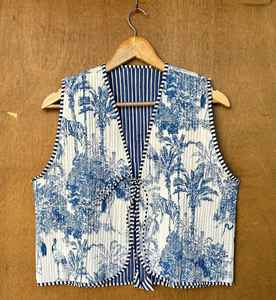 Veste matelassée 100% coton faite à la main pour femmes belle blazer léger réversible à fleurs blanches respirant imprimé nouveau Vintage - Product Image 3