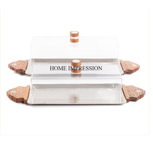 Lot de 2 plateaux de service en métal plaqué or de qualité supérieure en forme de rectangle avec couvercle supérieur en acrylique du fournisseur indien - Product Image 6