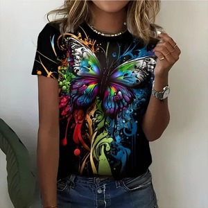 Art coloré T-shirt à motif de papillon coloré Personnalité à la mode Bas noir à manches courtes - Product Image 5