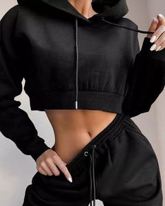 Fashionable <b>Women's</b> 100% Cotton Crop Top <b>Sweat</b> Suit Long Sleeve Hoodies with Button Decoration Breathable <b>Woman</b> Tops - Product Image 2