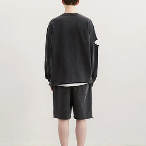 100% algodón de gran tamaño gota hombro rasgado lavado vintage streetwear cuello redondo francés Terry en blanco sudadera desgastada sudaderas con capucha - Product Image 5