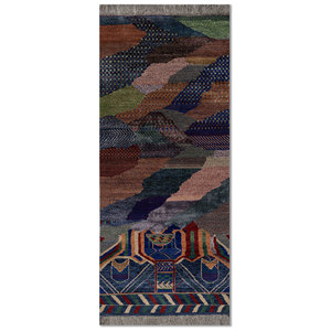 Alfombra Manchaha Azul de Lana y Seda de Bambú Anudada a Mano, 10 mm de Grosor, Rectangular, con Patrón para Pasillo, Modelo Les-2811 - Product Image 1