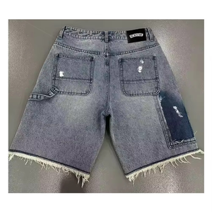 Custom Men's Vintage Oversize Denim <b>Jean</b> Shorts Breathable <b>Raw</b> <b>Hem</b> Embroidery Distressed Applique Mid Streetwear Print Y2K Style - Product Image 2