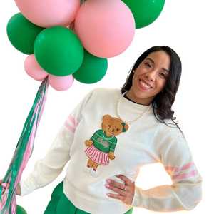 Suéter de oso bonito blanco griego para mujer, Jersey de punto bonito con diseño de peluche bordado, rayas rosas, Top informal de manga larga - Product Image 6