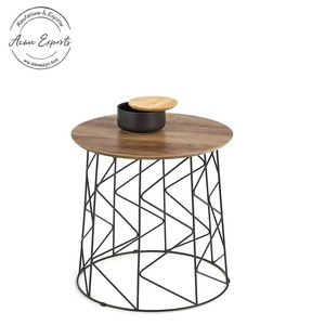 Modern Black Metal Wood Top <b>Side</b> <b>Table</b> Geometric Wire Base Compact Design Stylish Accent for Living Room <b>Bedroom</b> Decor - Product Image 1