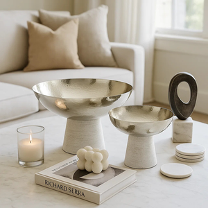 ชามตกแต่งโลหะสีขาวทำด้วยมือพร้อมฐานหินอ่อนสีขาวธรรมชาติที่ทันสมัยทำด้วยมือตรงกลางสำหรับโต๊ะกาแฟ - Product Image 3