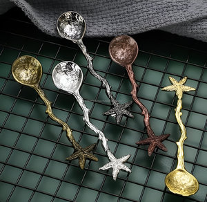 <b>Antique</b> Starfish Embossed Straight Handle Drop-shaped Spoon bowl 5 Pieces Coffee Spoons <b>Set</b> - Product Image 4