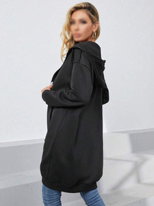 Vestido con Capucha de Forro Polar con Cierre Frontal Largo, Cordón Ajustable, Bolsillo Frontal, Negro, Transpirable, Ropa Casual de Invierno, Producción al por Mayor - Product Image 2