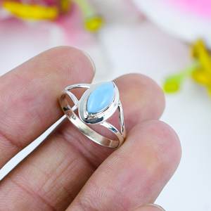 Anillo de Plata de Ley 925 hecho a mano, corte Marquesa Chapado en plata vintage con piedras preciosas naturales de Larimar para bodas y fiestas - Product Image 3