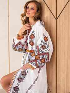 Handmade White Boho Embroidery <b>Dress</b> for Women Elegant Cultural Folk <b>Long</b> Vysivanka <b>Dress</b> with Natural Waistline Washable - Product Image 4