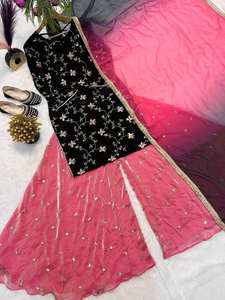 Conjunto de 3 Piezas de Salwar Kameez de Terciopelo con Bordado Completo y Dupatta de Organza, Ropa Tradicional para Mujer para Fiestas, para Todas las Temporadas - Product Image 3