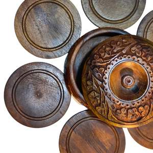 Alfombrilla de Té de Madera Tallada, Alfombrilla de Té Hecha a Mano, Juego de Alfombrillas Redondas de Madera Talladas a Mano en Caja - Product Image 3