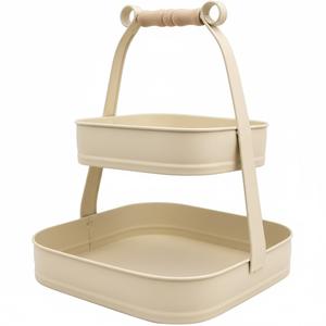 Bandeja de Hierro de Dos Niveles con Diseño Fabuloso, Color Crema, Recubrimiento en Polvo, Forma Cuadrada, con Asa, para Exhibición de Postres, para Uso Doméstico - Product Image 1