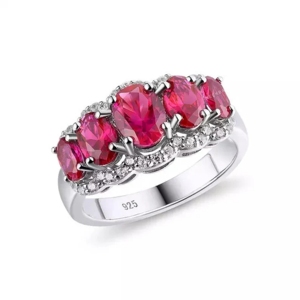 Bague de mariage en or blanc massif 14 carats à trois rangées de rubis et de moissanite bague de rubis de laboratoire de style Art déco vintage-option de remplacement de pierres précieuses - Product Image 3