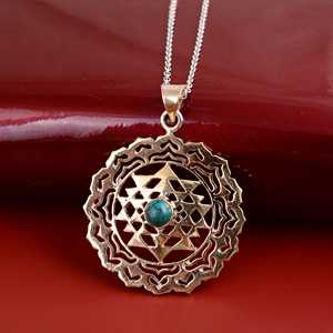 Shri Yantra Turquoise Brass Pendant 18k Gold Plated Mandala Cutout Wholesale <b>Necklace</b> - Product Image 2