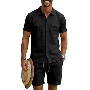 Men's Navy Blue Short Sleeve Shirt Cargo Shorts <b>Set</b> Casual Summer Outfit Solid Color Breathable <b>Knitted</b> Fabric BLIZ SPORTS WEAR - Product Image 4