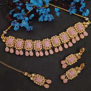 Bijoux indiens tour de cou Kundan cristal collier boucles d'oreilles Maang Tikka tête chaîne Bollywood mariage ensemble de mariée - Product Image 1