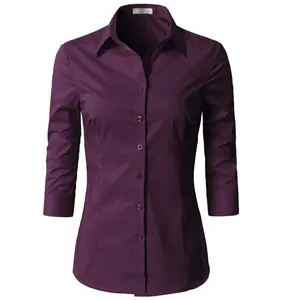 Customized Logo Wholesale Cotton Purple Color Buttons Up Working Job Ladies Full Sleeves Dress Shirts From Pakistan