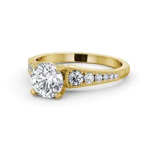 Solitario con accenti pavimentati 0,60ctw anello rotondo con diamanti coltivati in laboratorio anello nuziale Vintage in stile con perline di Milgrain a prezzo all'ingrosso