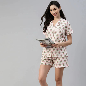 Conjunto de Pijamas de Algodón con Estampado Floral para Mujer, Diseño ODM, para Primavera, Verano, Otoño e Invierno, Cuello en V, Manga Corta, Cierre de Botones, Ropa de Dormir Informal - Product Image 1