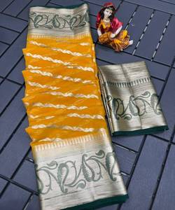 Saree en soie Banarasi exclusif pour femme avec broderie traditionnelle et beau chemisier prêt à l'emploi pour mariage et fête - Product Image 3