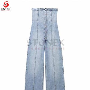 Haute Qualité Denim Bouton Up Combinaison Vintage Bleu Jean Large Jambe Cloche Bas Femmes Barboteuses - Product Image 6