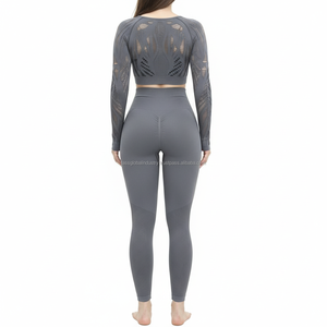 Conjunto de Yoga de 2 Piezas para Mujer, Personalizado OEM, Sin Costuras, Corte Láser, Top Corto de Manga Larga y Leggings de Cintura Alta, Ropa Deportiva para Gimnasio - Product Image 4