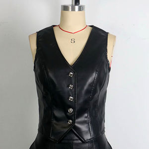 Women Black Leather V Neck Waistcoat <b>Slim</b> Fit Button Down Sleeveless <b>Vest</b> Eco Leather Cinched Waist Sexy Women Fashion <b>Vest</b> - Product Image 3
