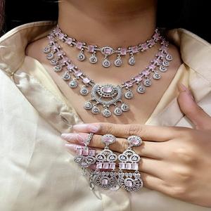 Premium Double Layer <b>Necklace</b> <b>Set</b> with Long Earrings And Maang Tikka Star Cut American Diamond Perfect For <b>Wedding</b>, Party Wear - Product Image 1
