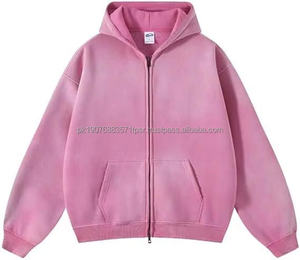 Sudadera con capucha para hombre de poliéster y algodón, estilo French Terry, con cremallera, lavado ácido, efecto desgastado, estilo vintage, de peso pesado - Product Image 1