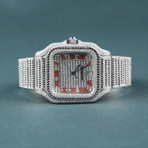 Numéro rouge glacé élégant en acier inoxydable bande montre Moissanite diamant coupe brillante 41mm diamètre toute occasion Eta verre charme - Product Image 1