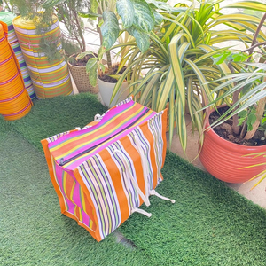 Bolsas de compras de PP tejidas de nailon reciclado reutilizables ecológicas Patrón personalizado a rayas Opciones a granel sostenibles de la India - Product Image 1