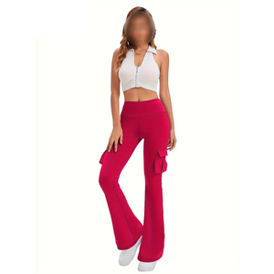Pantalon slim à imprimé tropical avec poches, meilleure vente de pantalons de fitness en cours d'exécution taille haute pantalons pour femmes tissés évasés - Product Image 2