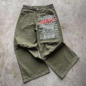 กางเกงยีนส์ทรงเอวสูงแบบวินเทจ แต่งลายพิมพ์สกรีน ขอบขาบาน ซักฟอกแบบดิสเทรส พร้อมกระดุมปิด - Product Image 3