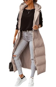 Otoño Invierno señoras medio largo estilo Parka chaleco Delgado con capucha Algodón ligero Color puro sin mangas con piel de oveja cuero - Product Image 6