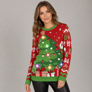 Suéter navideño feo con luces LED para mujer, suéter <span class=keywords><strong>de</strong></span> punto jacquard, suéter navideño con diseño <span class=keywords><strong>de</strong></span> árbol <span class=keywords><strong>de</strong></span> Navidad, Papá Noel y renos, suéter navideño festivo - Product Image 4