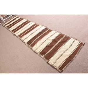 Vintage Turkish Runner Rug 2.8x11.3 ft, Kilim <b>Brown</b> <b>Wool</b> Rug - Product Image 3