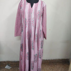 Women Pink Striped Floral Print Cotton Corduroy Long <b>Dress</b> | Full Sleeve V-Neck Button Party Regular Length Washable - Product Image 1