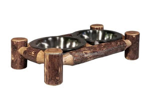 Lit pour animal de compagnie en bois fabriqué à la main avec 2 stations d'alimentation en métal mangeoire pour chien surélevée simple support de bol en acier Application automatique de l'eau - Product Image 2