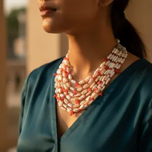 Collar llamativo de perlas y coral con cuentas finas y múltiples hilos para mujer - Product Image 2