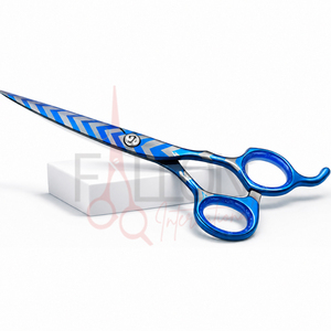 Ciseaux de coiffure professionnels bleus à motif zigzag en acier inoxydable pour barbier et salon, personnalisables avec logo - Product Image 1