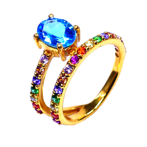 แหวนเงินสเตอร์ลิง925ดั้งเดิมชุบทองอัญมณีบุษราคัมหลากสีฟ้าสไตล์แฟชั่นคลาสสิก - Product Image 1